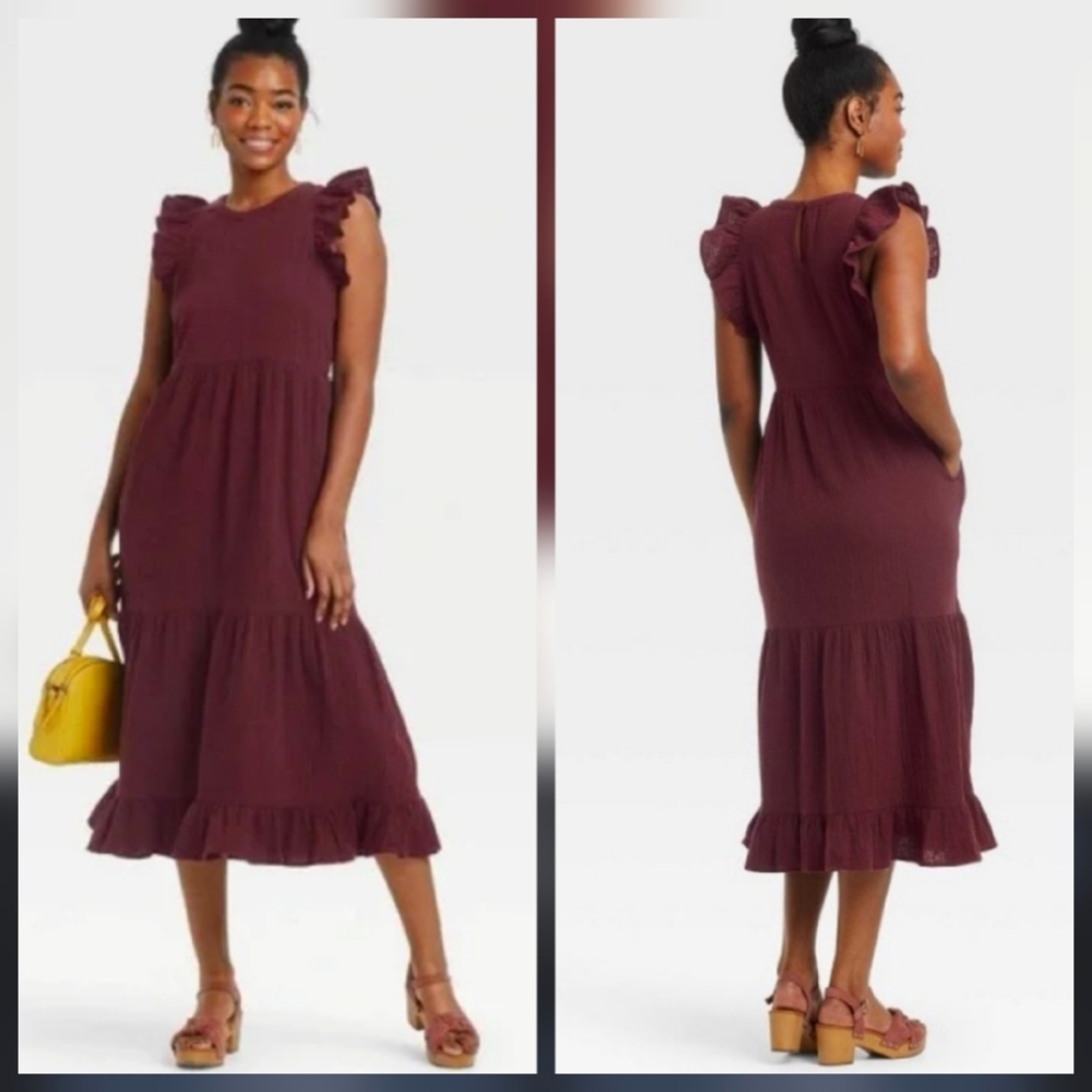 Universal Thread Burgundy Tiered Maxi Dress Flutter Sleeve 100% Cotton